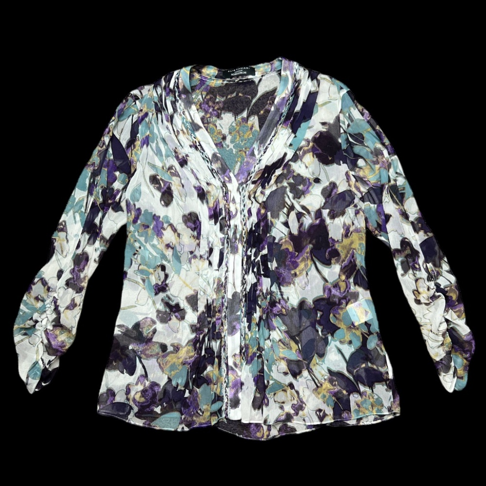 Elie Tahari  (L/12) Multicolor Purple Pleated Front Blouse Top